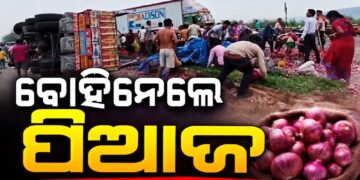 ଓଲଟିଲା ପିଆଜ ବୋଝେଇ ଟ୍ରକ, ଯିଏ ପାରିଲେ ବୋହିନେଲେ